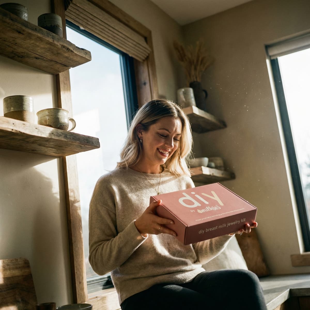 Mom smiling and holding a pink DIY by MILKIES breast milk jewelry kit box, a meaningful way to celebrate a 1 year breastfeeding award by making a private at-home keepsake with an easy DIY kit.