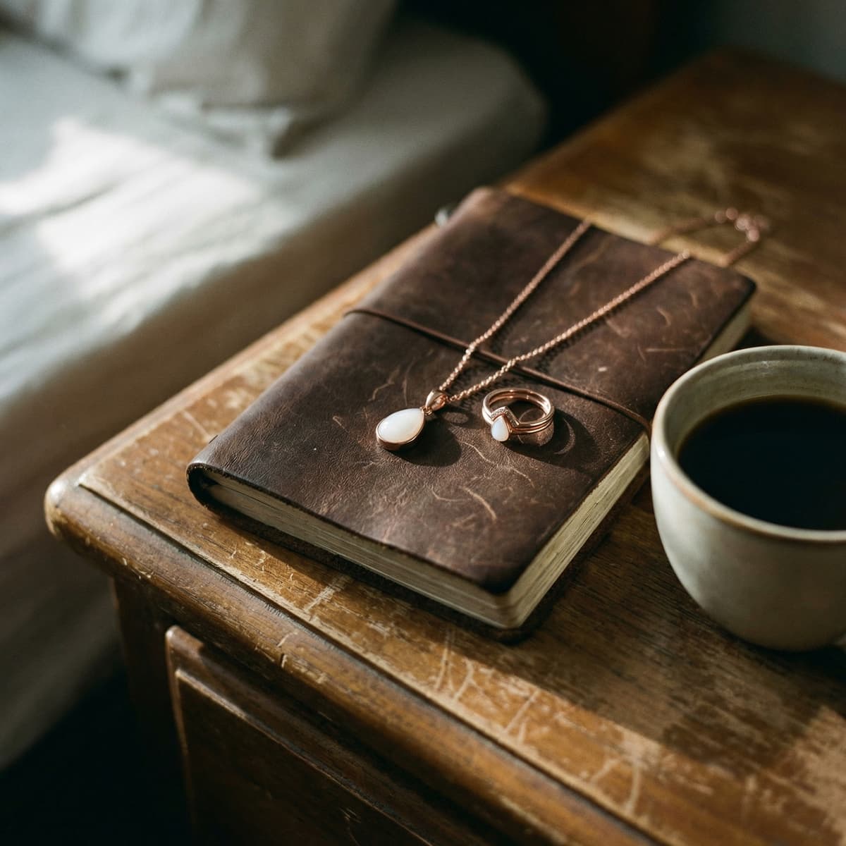 Gold breastmilk keepsake necklace and ring with milky white stones resting on a leather journal beside a cup of coffee, a 1 year breastfeeding award milestone gift for moms.