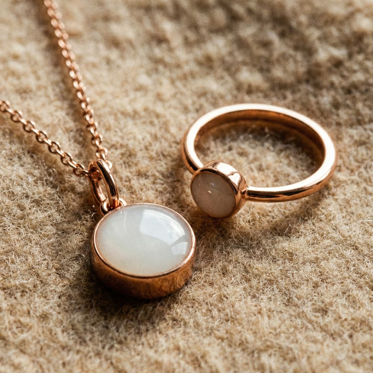 Rose gold breastmilk keepsake necklace pendant and matching ring with milky white resin stone, a meaningful 1 year breastfeeding gift displayed on soft beige fabric