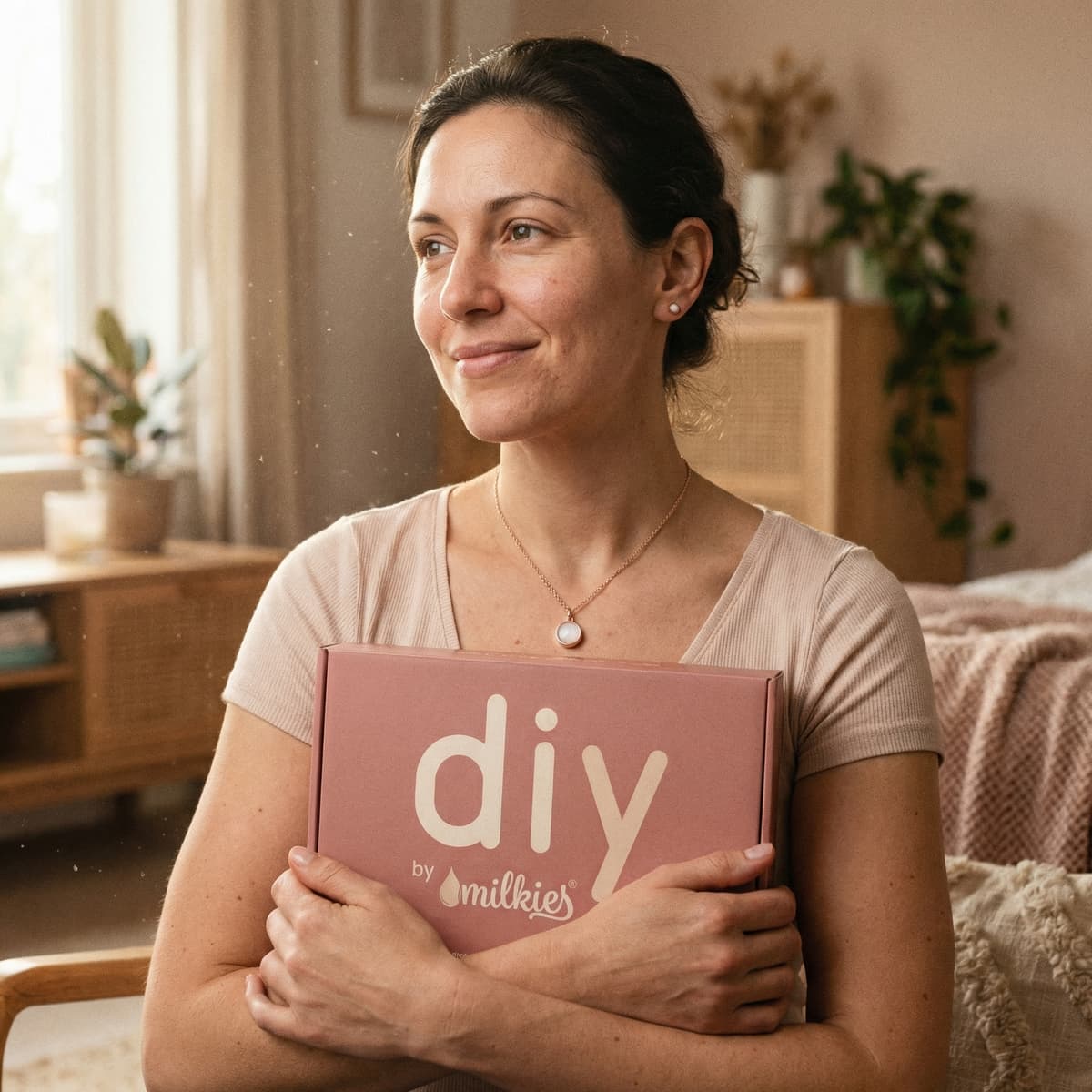 Mom at home holding a DIY by MILKIES breastmilk jewelry kit box while wearing a keepsake necklace, showing why an at-home kit is a meaningful 1 year breastfeeding gift for preserving breastmilk in jewelry.