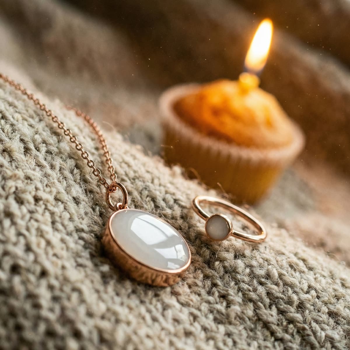 Rose-gold pendant necklace and matching ring with milky white resin stones on a cozy knitted blanket, softly lit by a candle, symbolizing a 1 year breastfeeding keepsake jewelry set.