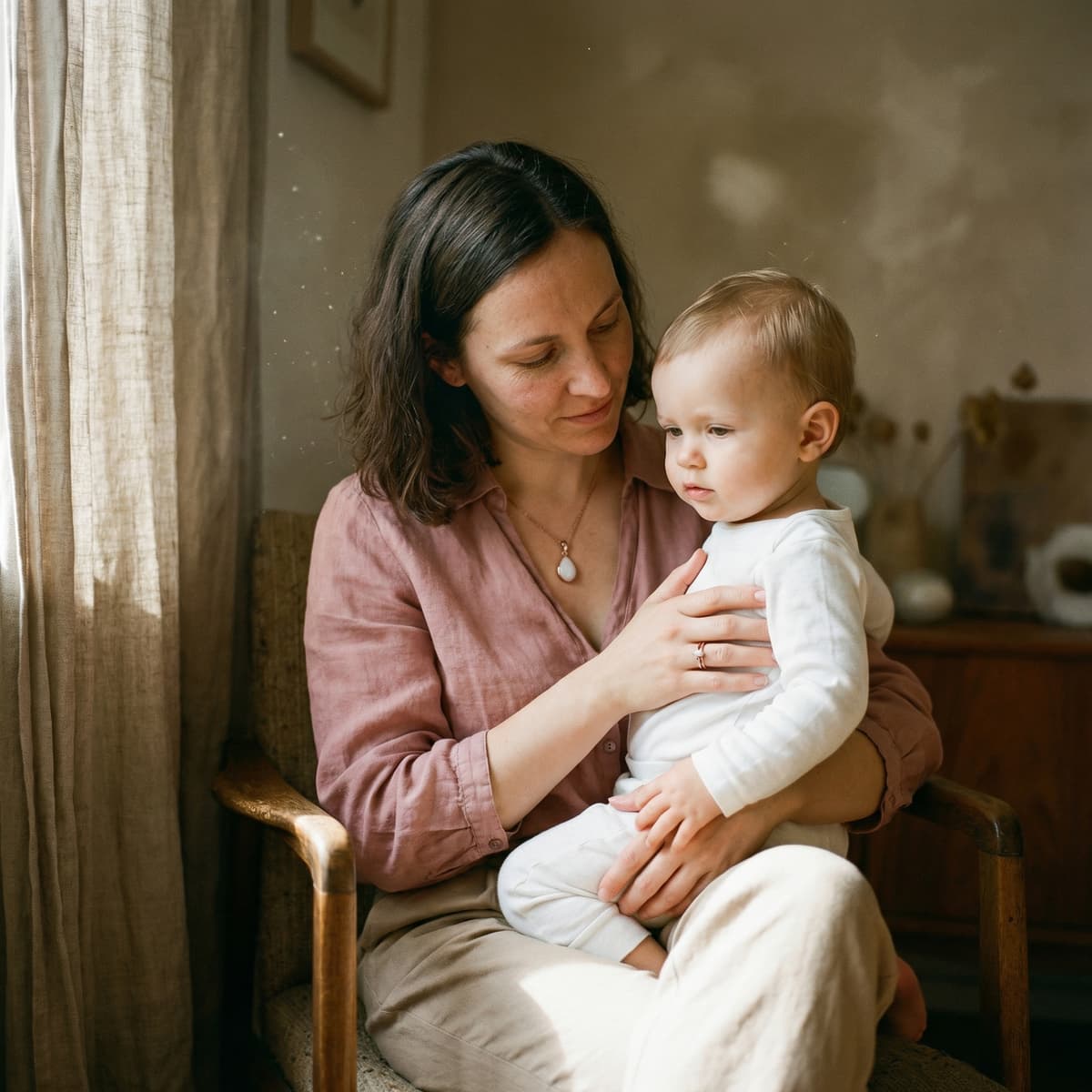 Mother cuddles her baby in a sunlit home, wearing a pendant as a meaningful 1 year breastfeeding keepsake that highlights why creating a DIY by MILKIES memento at home is a special choice.