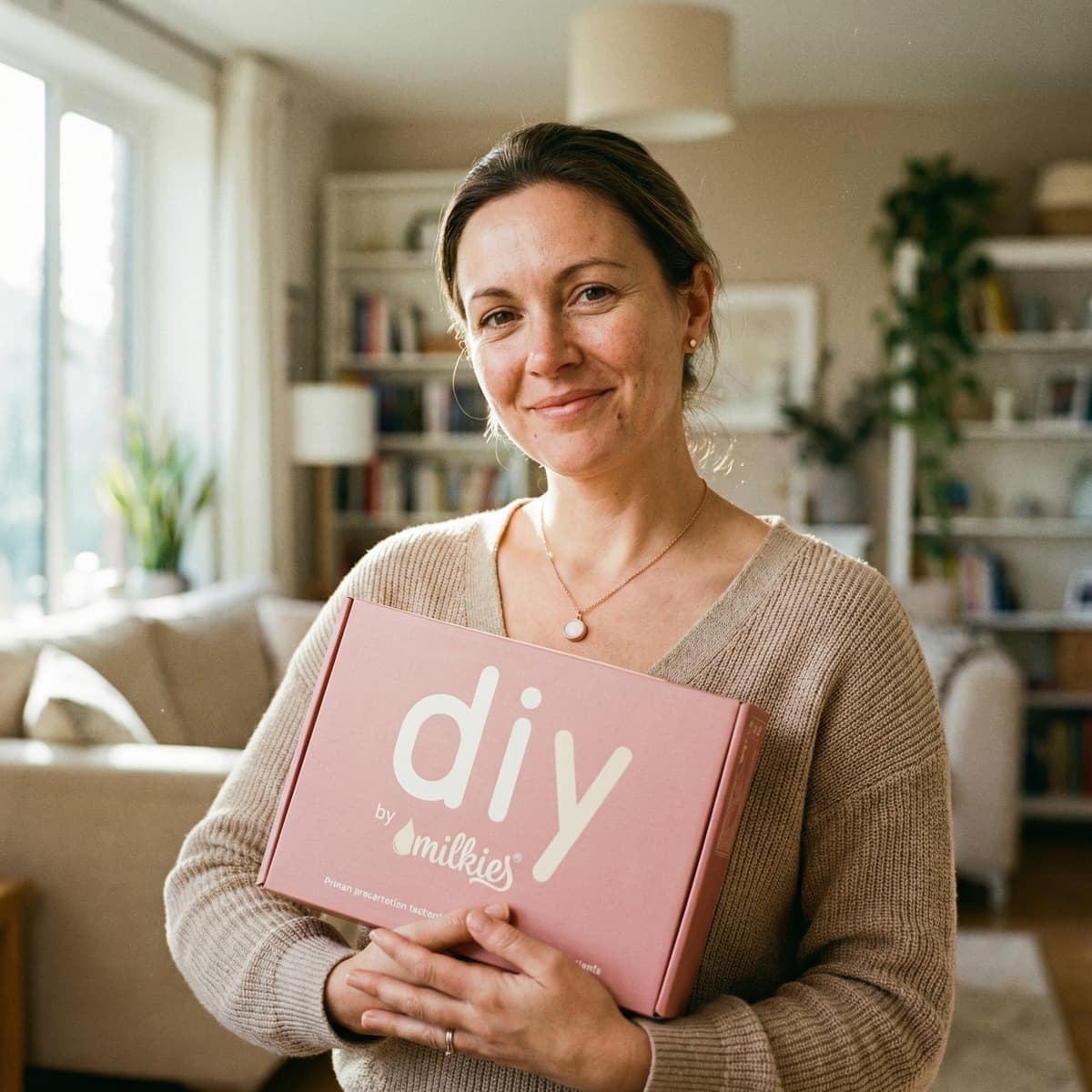 Mother at home holding a pink DIY by MILKIES breastmilk keepsake kit box, a meaningful way to celebrate a 6 months breastfeeding award with an easy at-home workshop to preserve breastmilk in jewelry.