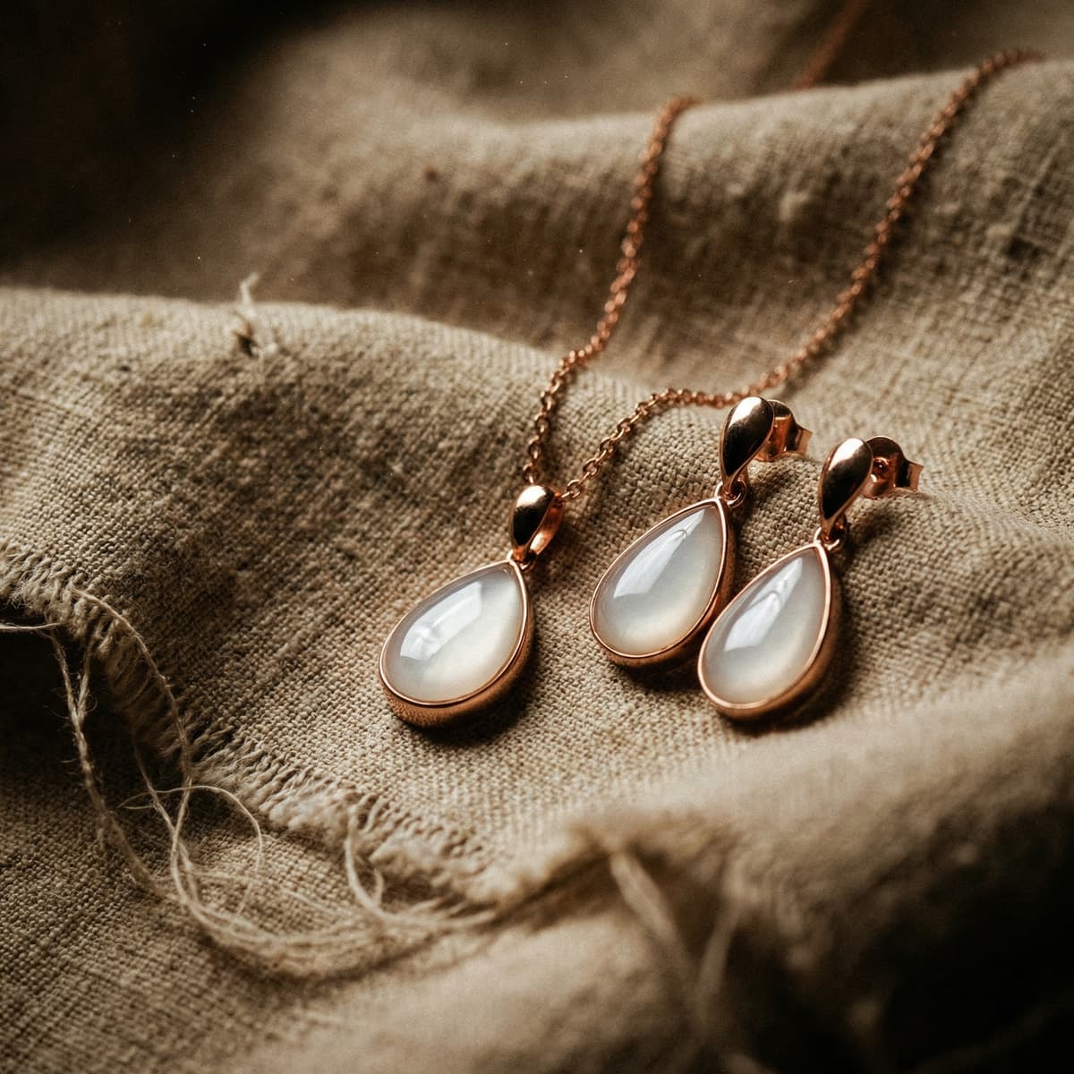 Rose gold necklace and matching teardrop earrings with milky-white resin stones displayed on soft linen fabric, an elegant baby keepsake for mom to cherish.