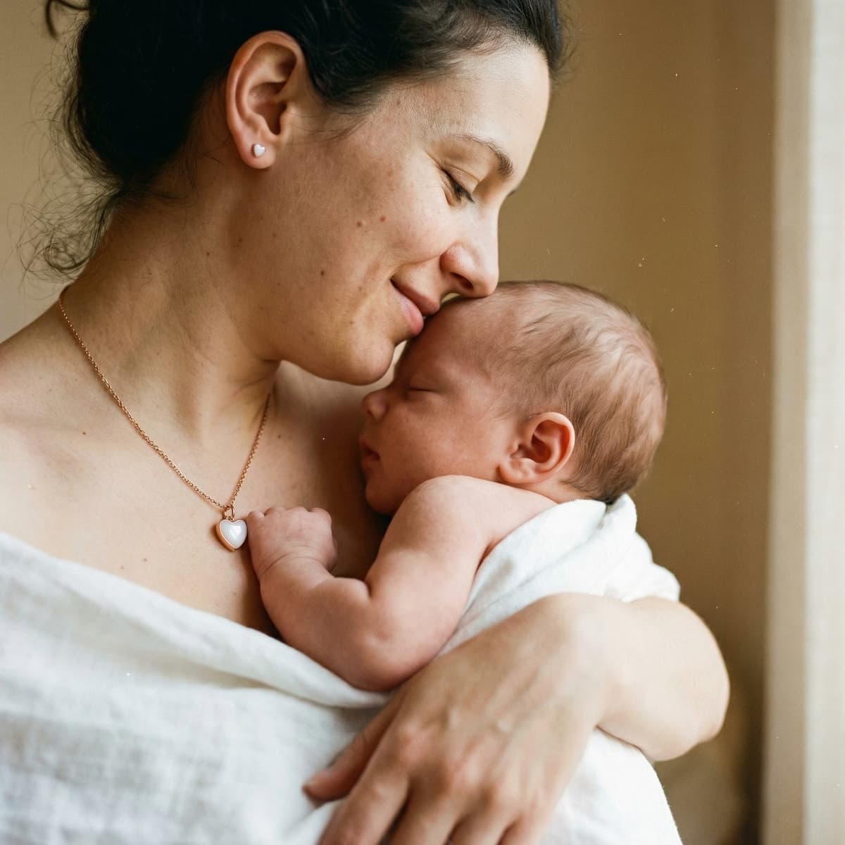 Mother cuddling a sleeping newborn while wearing a heart pendant necklace, showing a meaningful baby keepsake for mom and why a DIY kit is a special way to create a personal memory at home.