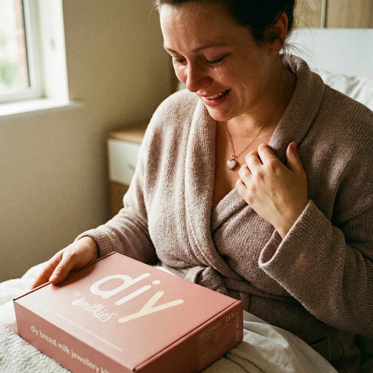 Emotional new mom in bed opening a pink DIY by MILKIES breastmilk jewelry kit, showing why it’s one of the best push presents for making a private, hands-on keepsake at home.