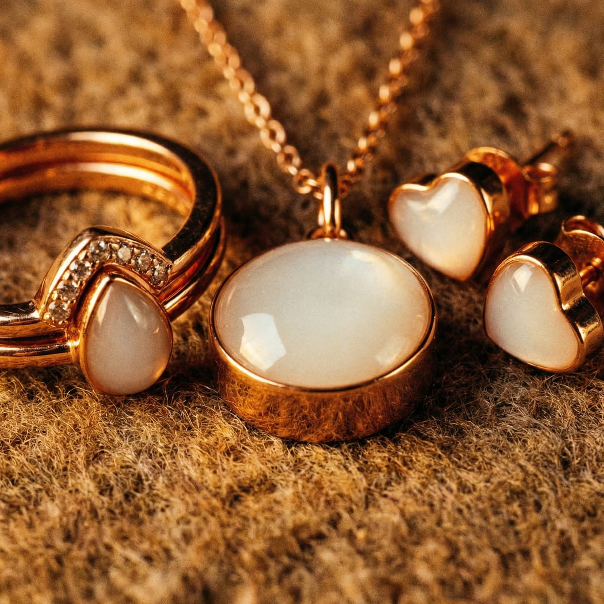 Elegant breast milk jewellery set on a soft textured background, featuring a gold necklace pendant, matching heart earrings, and a ring with milky-white resin stones