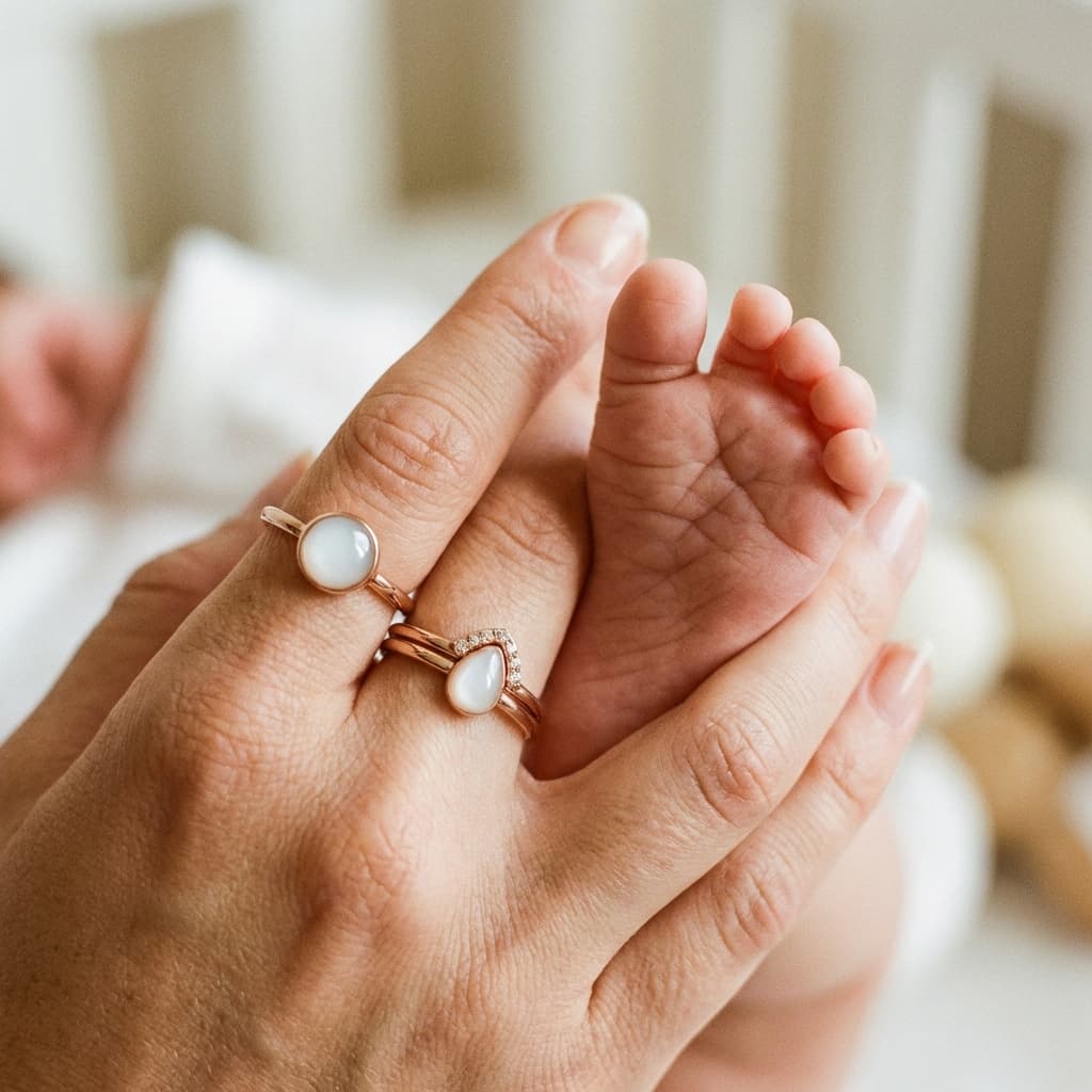 A mother gently holds her baby’s feet while wearing rose-gold rings with creamy white stones, showcasing breast milk jewellery keepsake pieces celebrating motherhood.