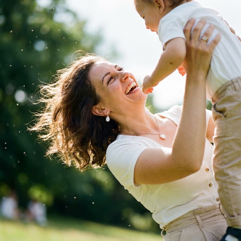 Smiling mother lifting her baby outdoors in warm sunlight, wearing elegant breast milk jewellery including a teardrop pendant necklace and matching earrings.