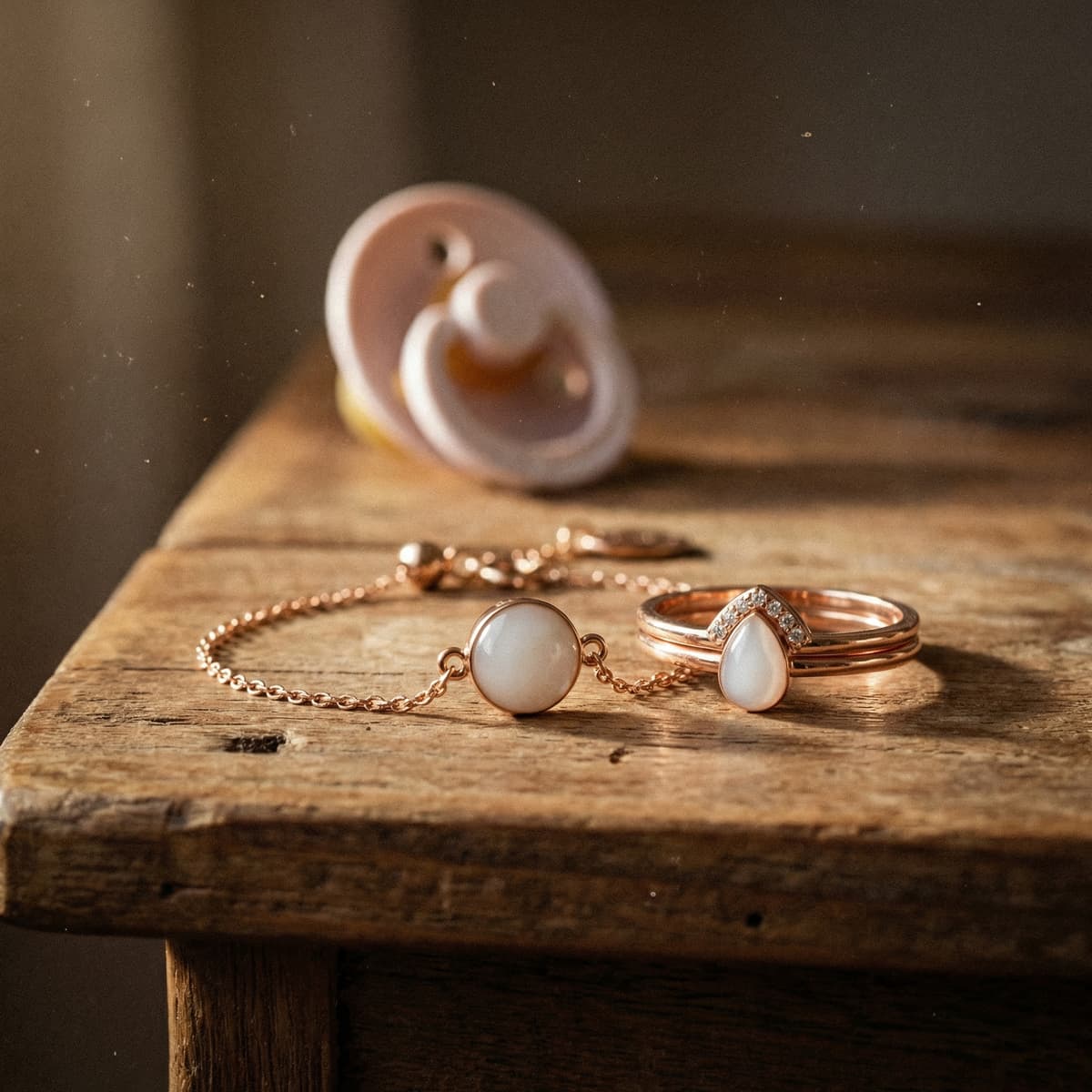 Rose gold keepsake jewelry displayed on a rustic wooden table, featuring pieces made with a breast milk jewellery kit including a round pendant bracelet and a teardrop ring with small stones.