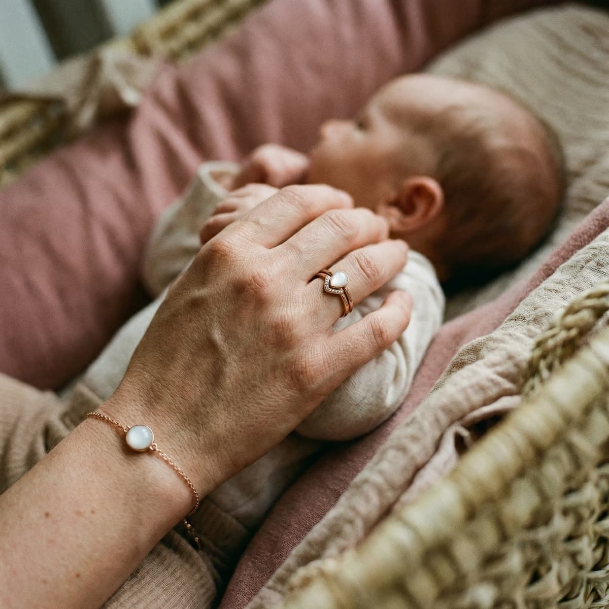 Mother cuddles a newborn in a woven bassinet while wearing a delicate ring and bracelet made with a breast milk jewellery kit, featuring creamy white resin stones in rose-gold settings.
