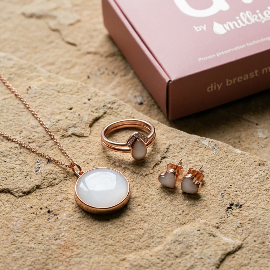 Rose gold necklace pendant, ring and heart stud earrings displayed beside DIY by MILKIES packaging, showcasing an at-home breast milk jewellery kit for making a keepsake at home.