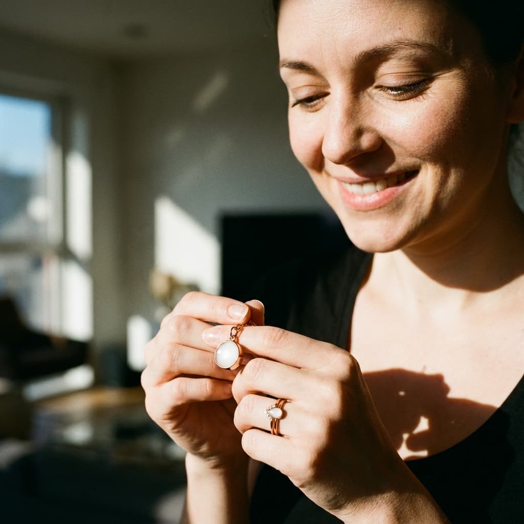 Mother smiling in warm sunlight holding a necklace with a milky-white pendant, showing why a breast milk jewellery kit is a meaningful DIY way to create a personal keepsake at home.
