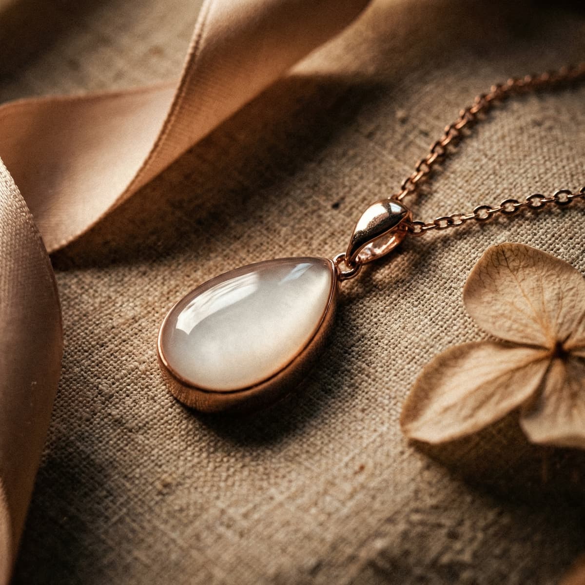 Rose gold teardrop pendant necklace with a milky white resin breastmilk stone on a chain, styled on linen with a satin ribbon and dried flower for a breastfeeding celebration keepsake.