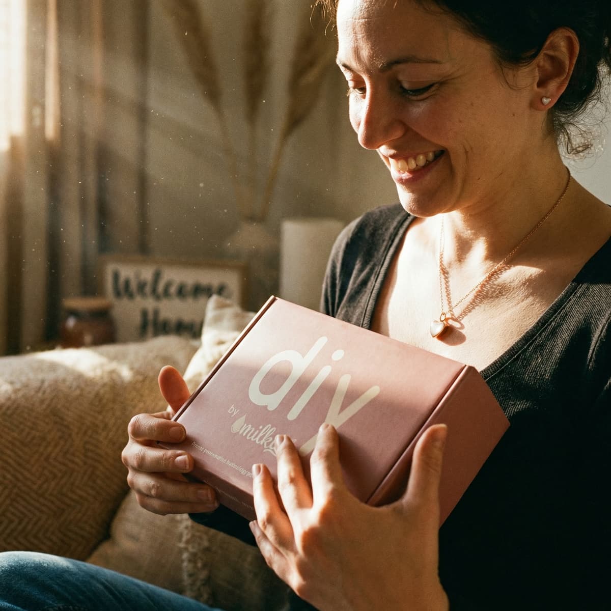 Smiling mother at home holding a DIY by MILKIES kit box, a simple at-home option for a private breastfeeding celebration and meaningful keepsake creation.