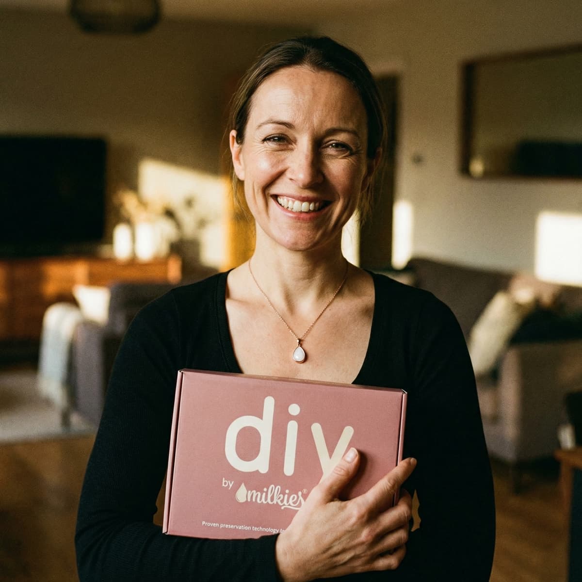 Smiling mother at home holding a DIY by MILKIES kit box, showing why it’s a meaningful breastfeeding journey gift for creating a personal breastmilk keepsake jewelry piece using at-home preservation technology.