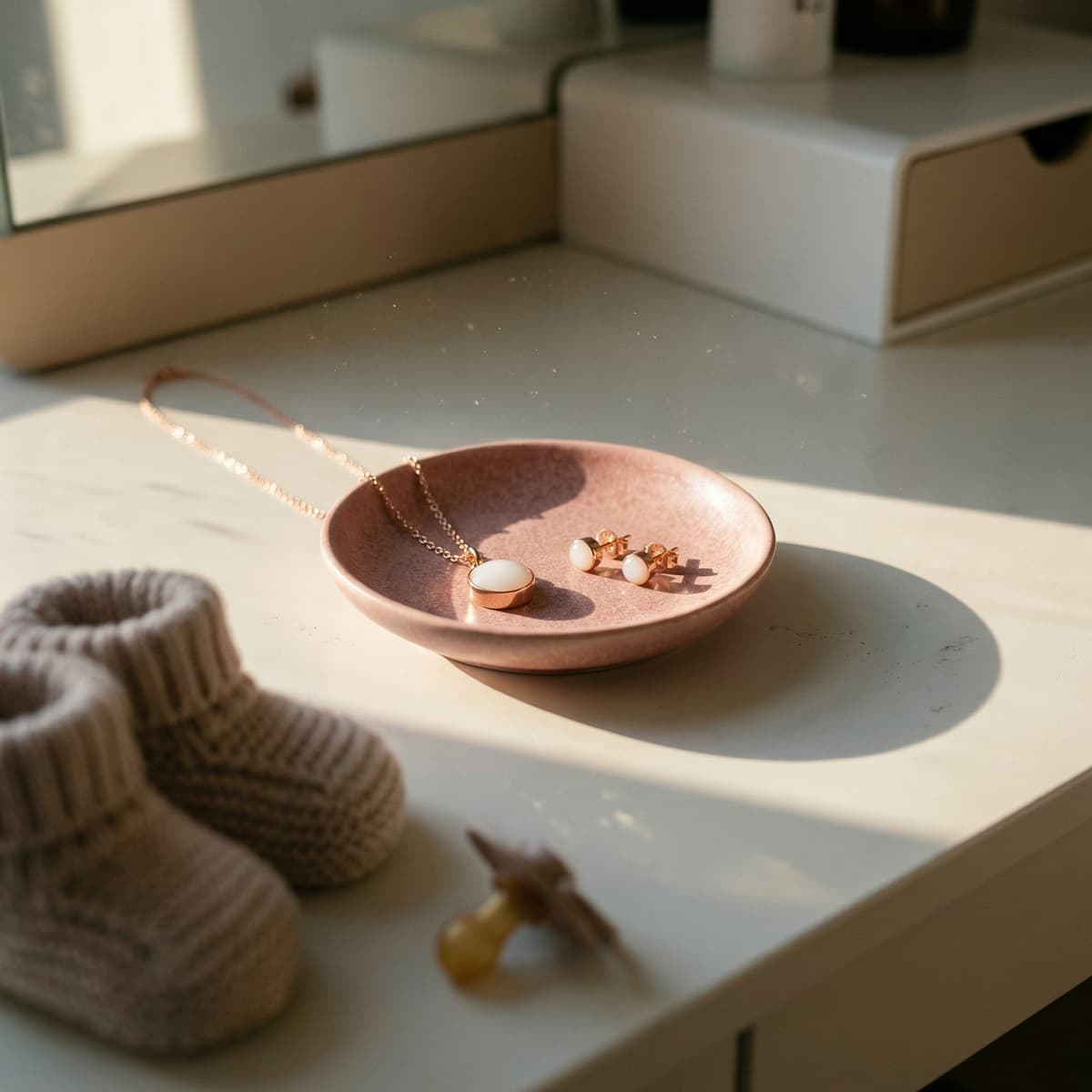 Softly lit nursery shelf featuring a pink dish with gold jewelry and pearl studs, showcasing a breastfeeding keepsake necklace set beside knitted baby booties and a pacifier.