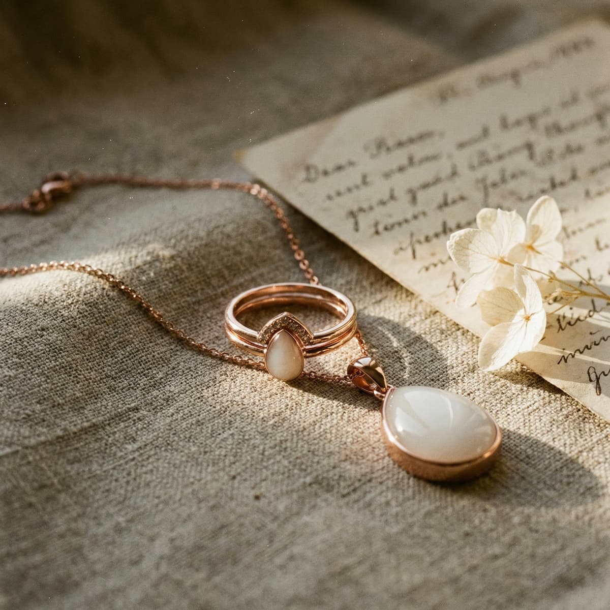 Rose gold necklace and ring with milky-white resin stones displayed on linen beside handwritten letters and white flowers, showcasing a delicate breastfeeding keepsake jewelry set.