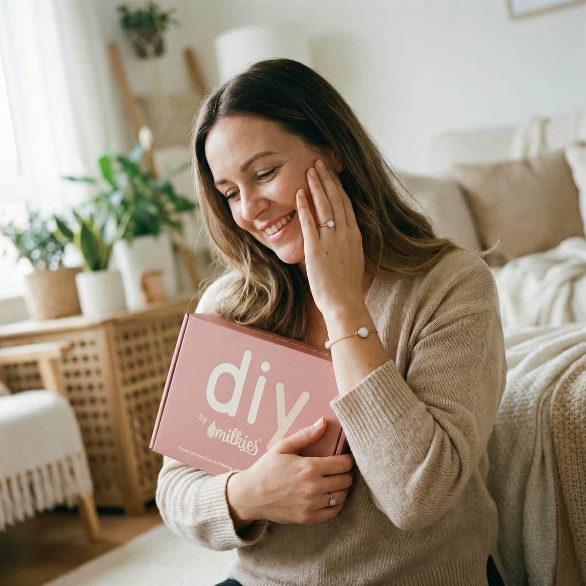 Smiling mom at home holding a DIY by MILKIES kit box, showing why an at-home breastfeeding keepsake is a meaningful and private way to create custom breastmilk jewelry.