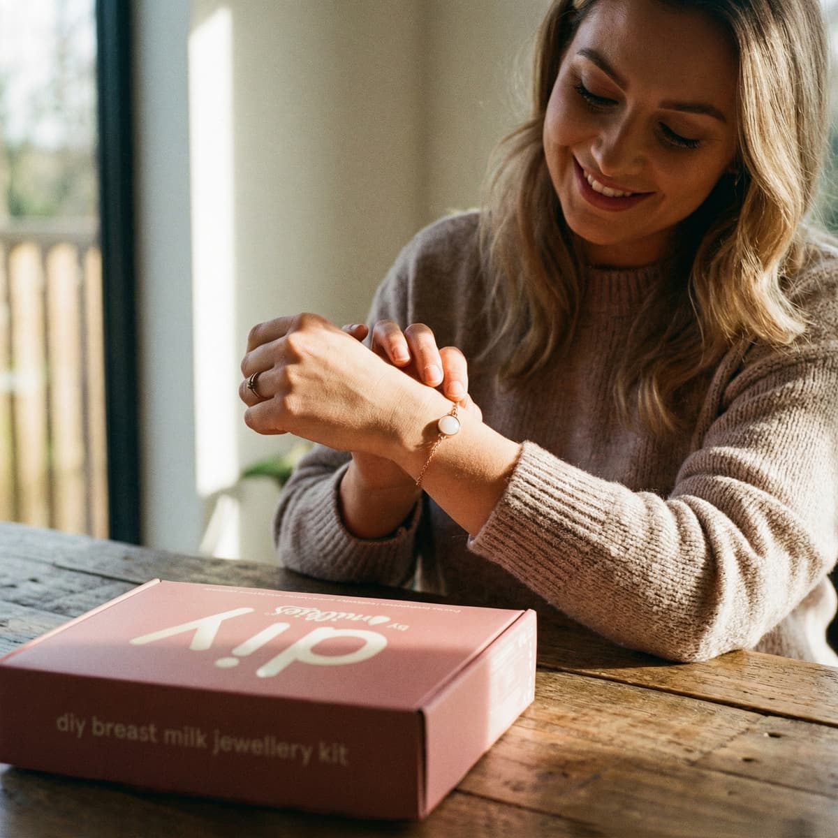 A smiling mother fastens a delicate breastmilk bracelet on her wrist beside the DIY by MILKIES at-home breast milk jewellery kit box, highlighting why creating a meaningful keepsake privately at home is a great idea.