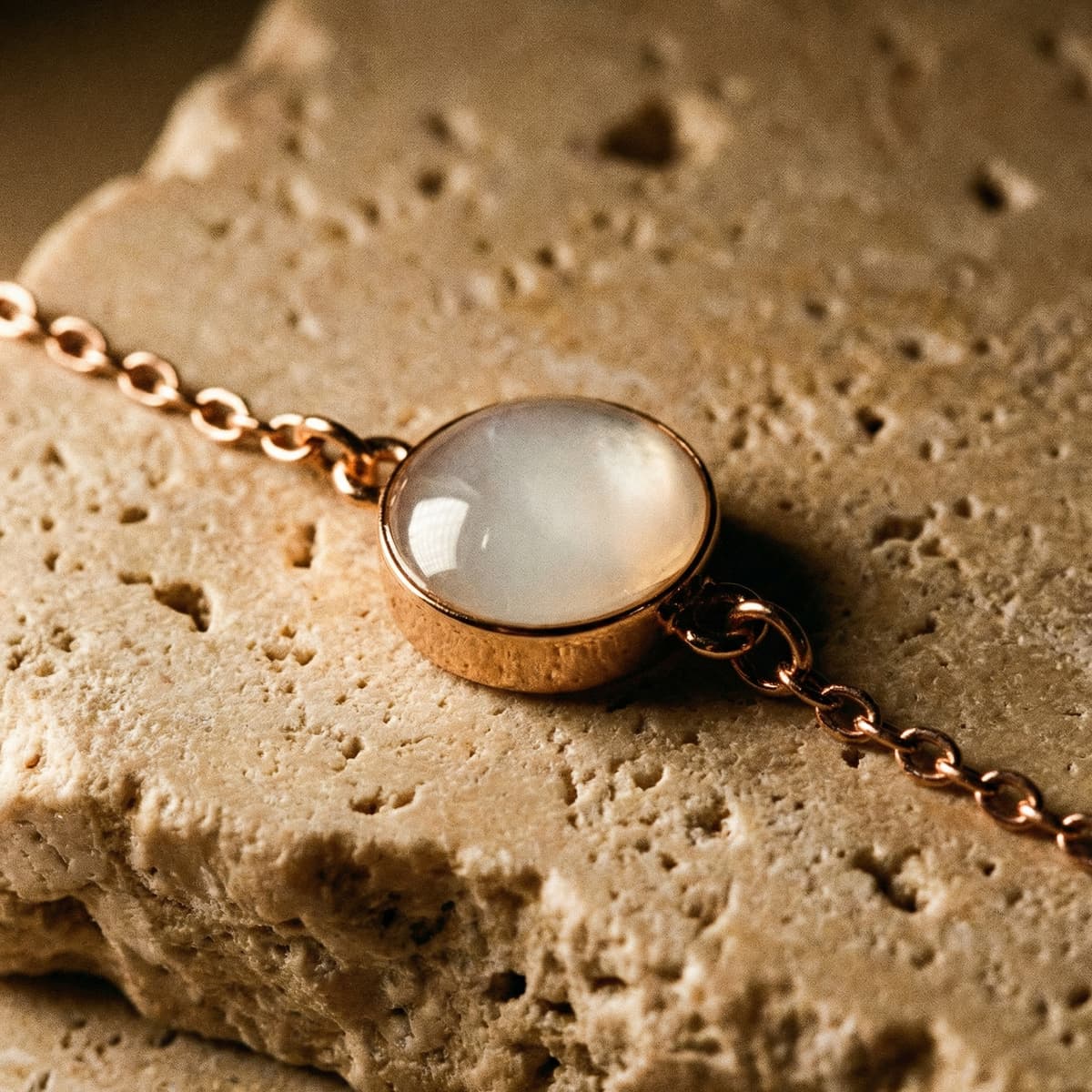 Rose gold chain bracelet with a round milky-white resin stone centerpiece, showcasing a breastmilk bracelet diy kit keepsake design on a textured stone background.