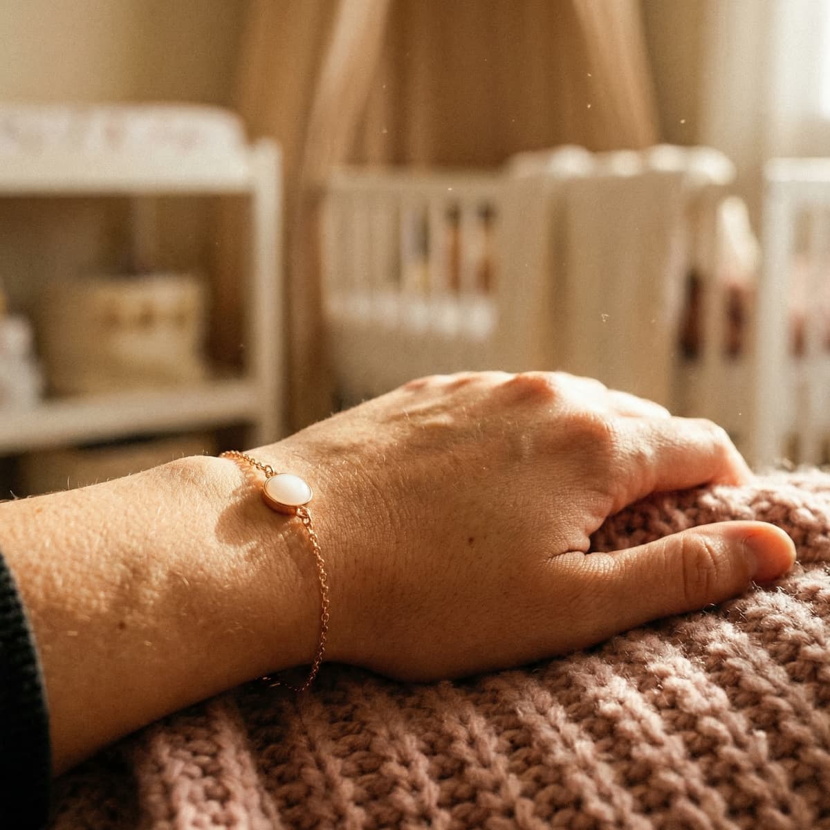Close-up of a woman’s hand resting on a knitted blanket, wearing a delicate rose-gold bracelet with a milky white resin stone—an example of minimalist breastmilk bracelets keepsake jewelry.