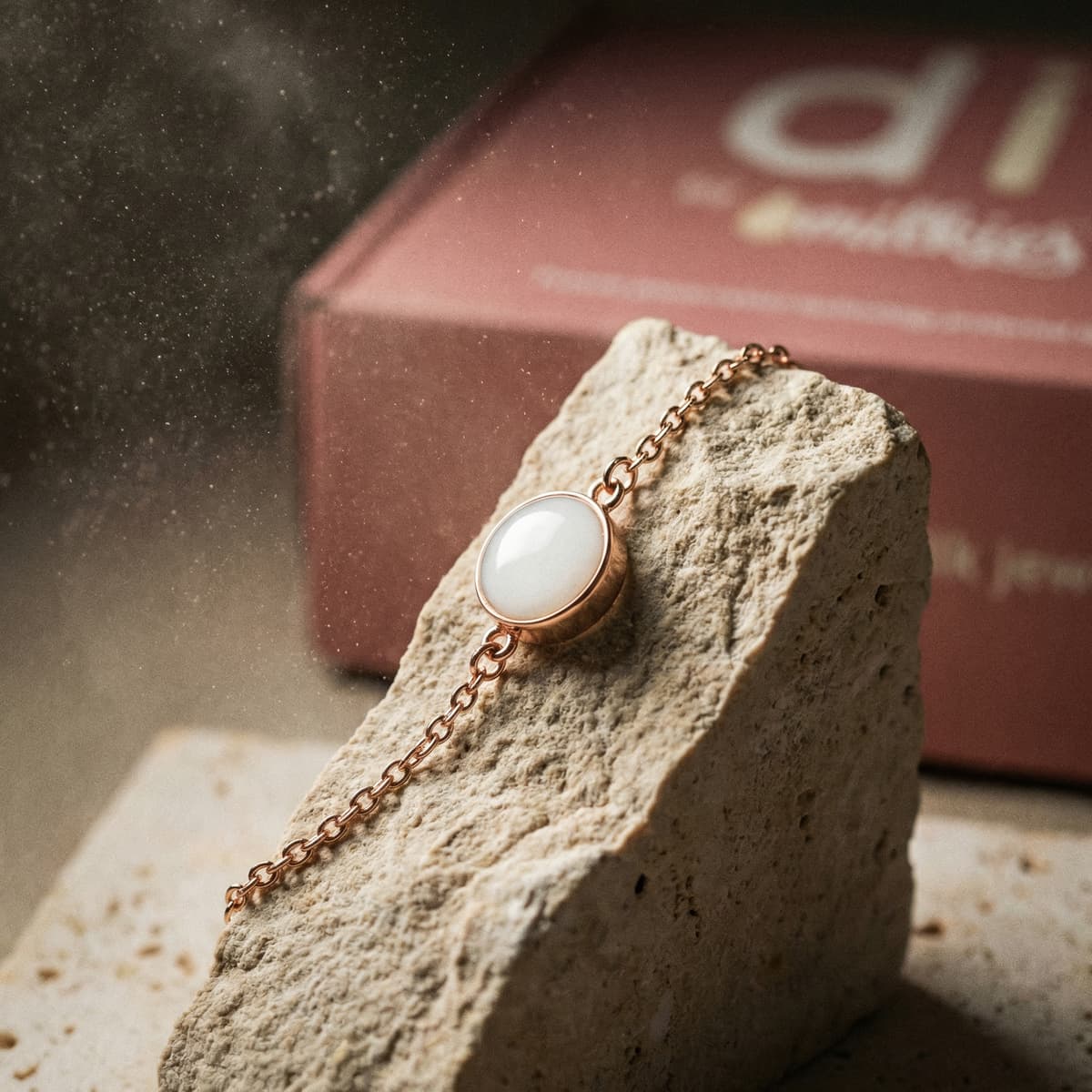 Rose gold bracelet with an oval white resin stone displayed on a textured rock, with a pink DIY by MILKIES box in the background, featuring a breastmilk bracelets diy kit keepsake jewelry setup.