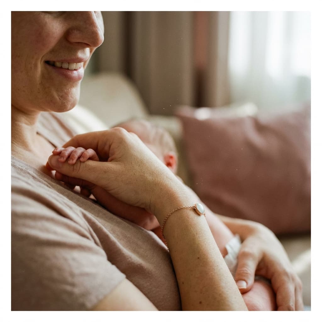 A mom cuddles a sleeping baby while wearing a delicate bracelet, illustrating why a breastmilk bracelets diy kit is a meaningful at-home way to create a personal keepsake.