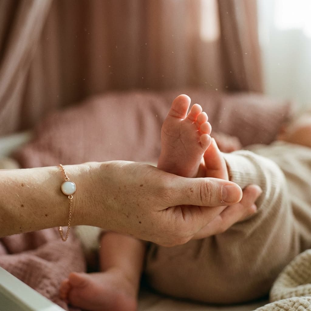 Mother holding a baby’s tiny feet while wearing a delicate keepsake bracelet, showing how a breastmilk bracelets kit can be used to create meaningful breastmilk jewelry at home.