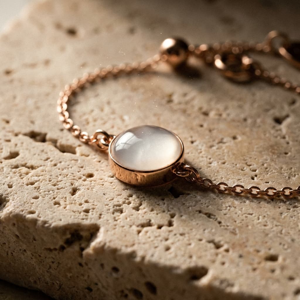 Rose gold bracelet featuring a milky-white resin cabochon keepsake on a textured stone surface, showing the finished result from a breastmilk bracelets kit.