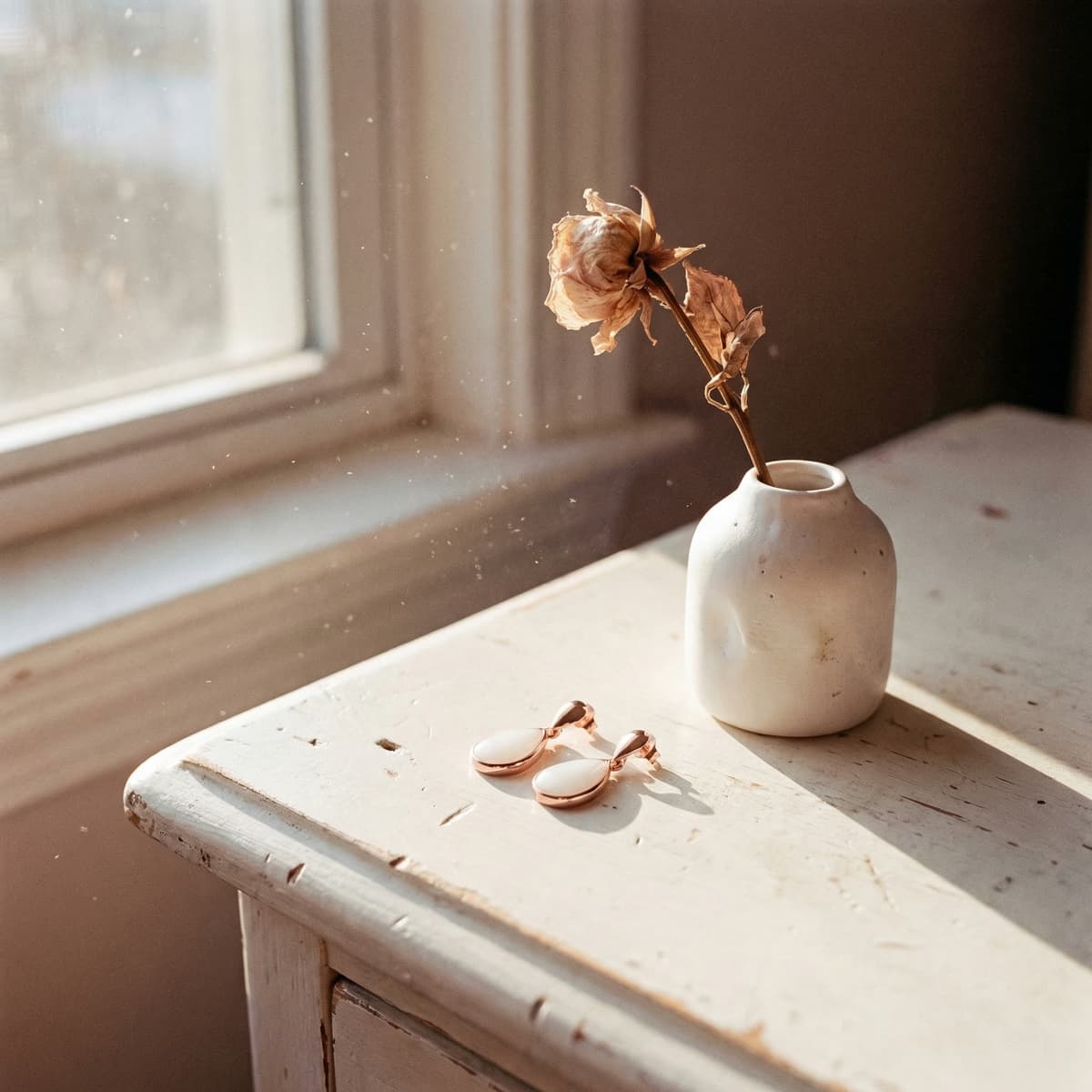 Rose-gold keepsake earrings with milky resin drops, a breastmilk earring pair displayed on a distressed white table beside a small ceramic vase holding a dried rose in warm window light.