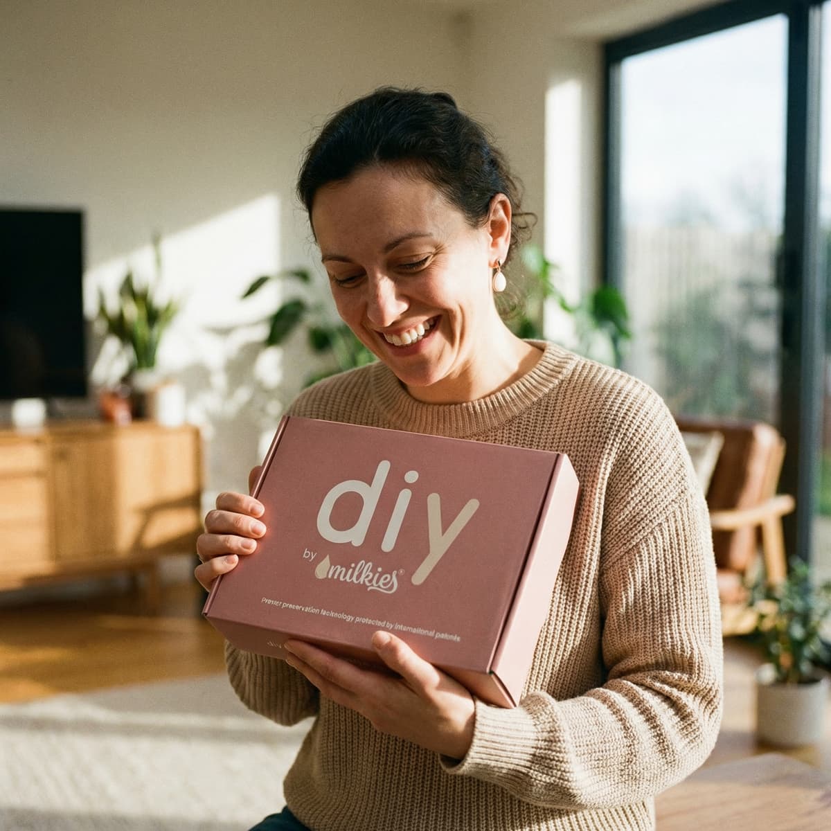 Smiling mom at home holding a DIY by MILKIES kit box, showing why this easy, private at-home keepsake kit is a good idea for making a breastmilk earring with patented preservation technology.