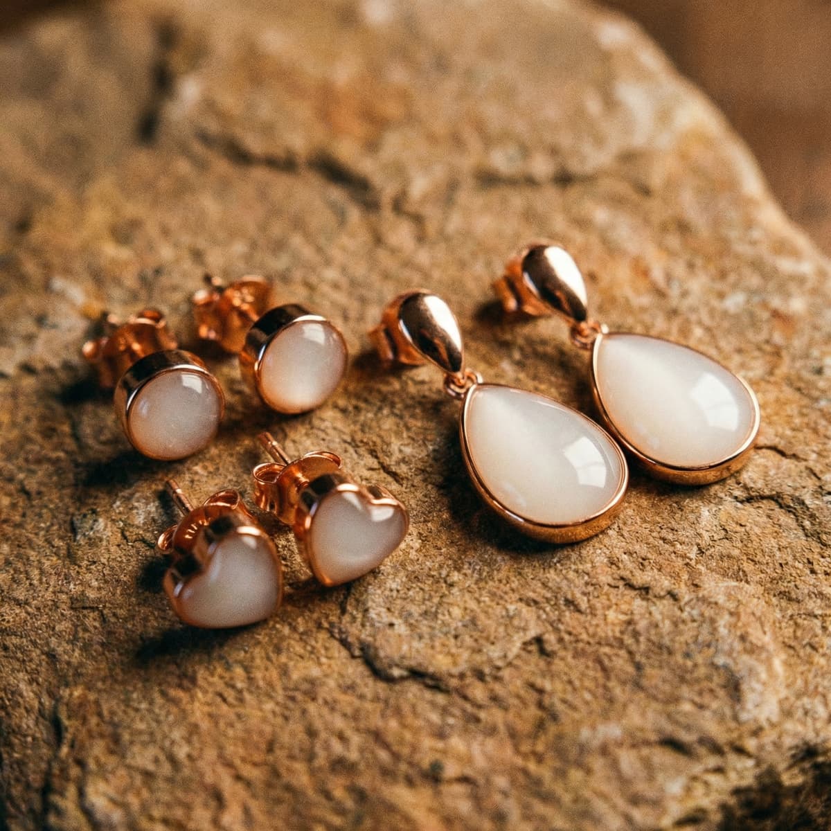 Rose-gold breastmilk keepsake jewelry with milky white resin stud earrings and teardrop drops made using a breastmilk earring diy kit, displayed on a textured stone background.