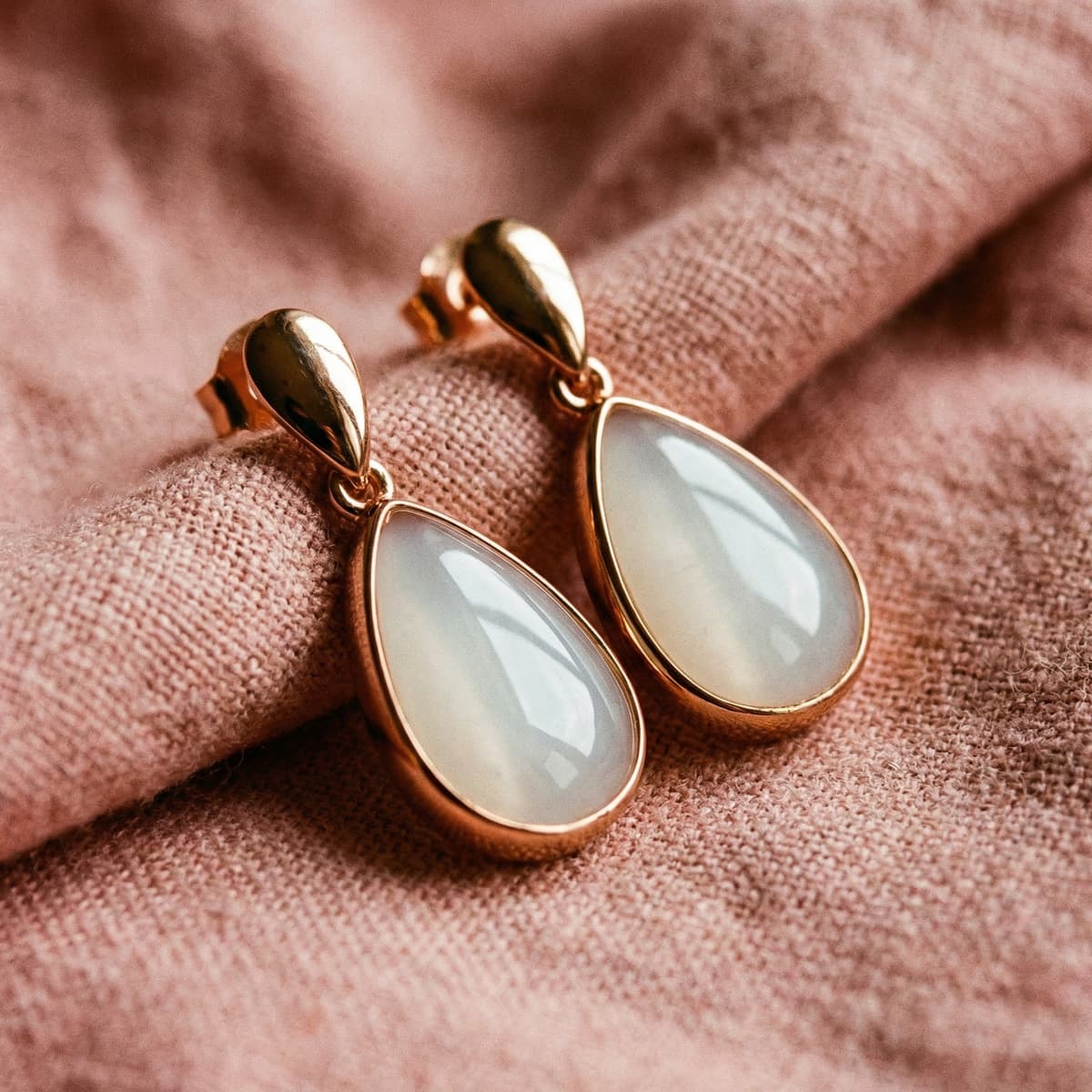 Rose gold teardrop earrings with milky resin stones on soft pink fabric, showcasing a finished keepsake made using a breastmilk earring kit