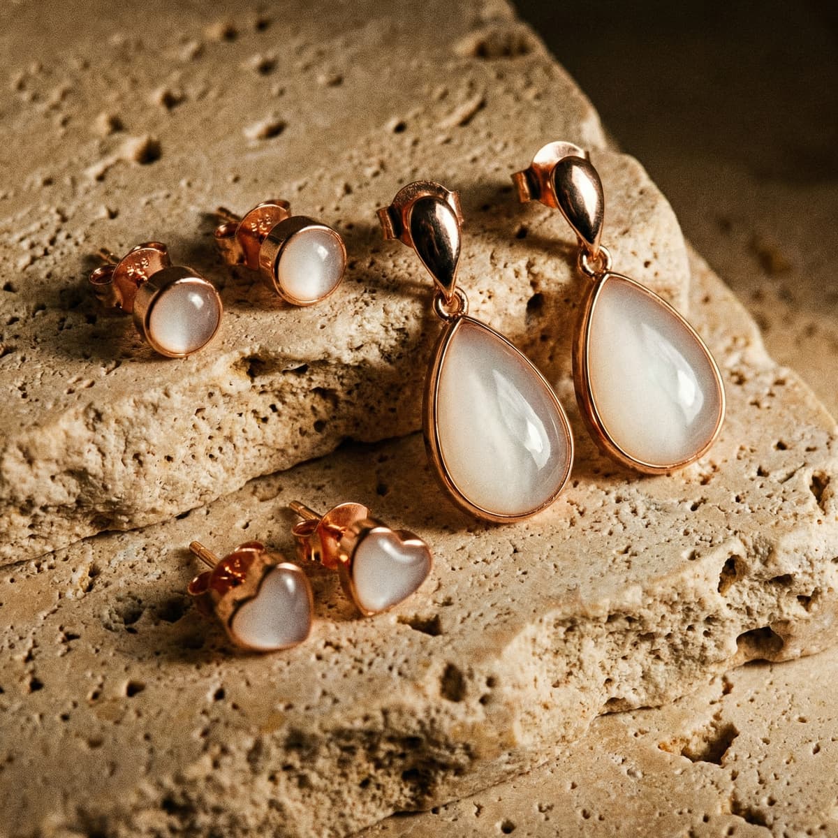 Rose gold jewelry display showcasing teardrop dangle earrings with milky white resin stones and matching round and heart studs, perfect for a breastmilk earring kit keepsake set.
