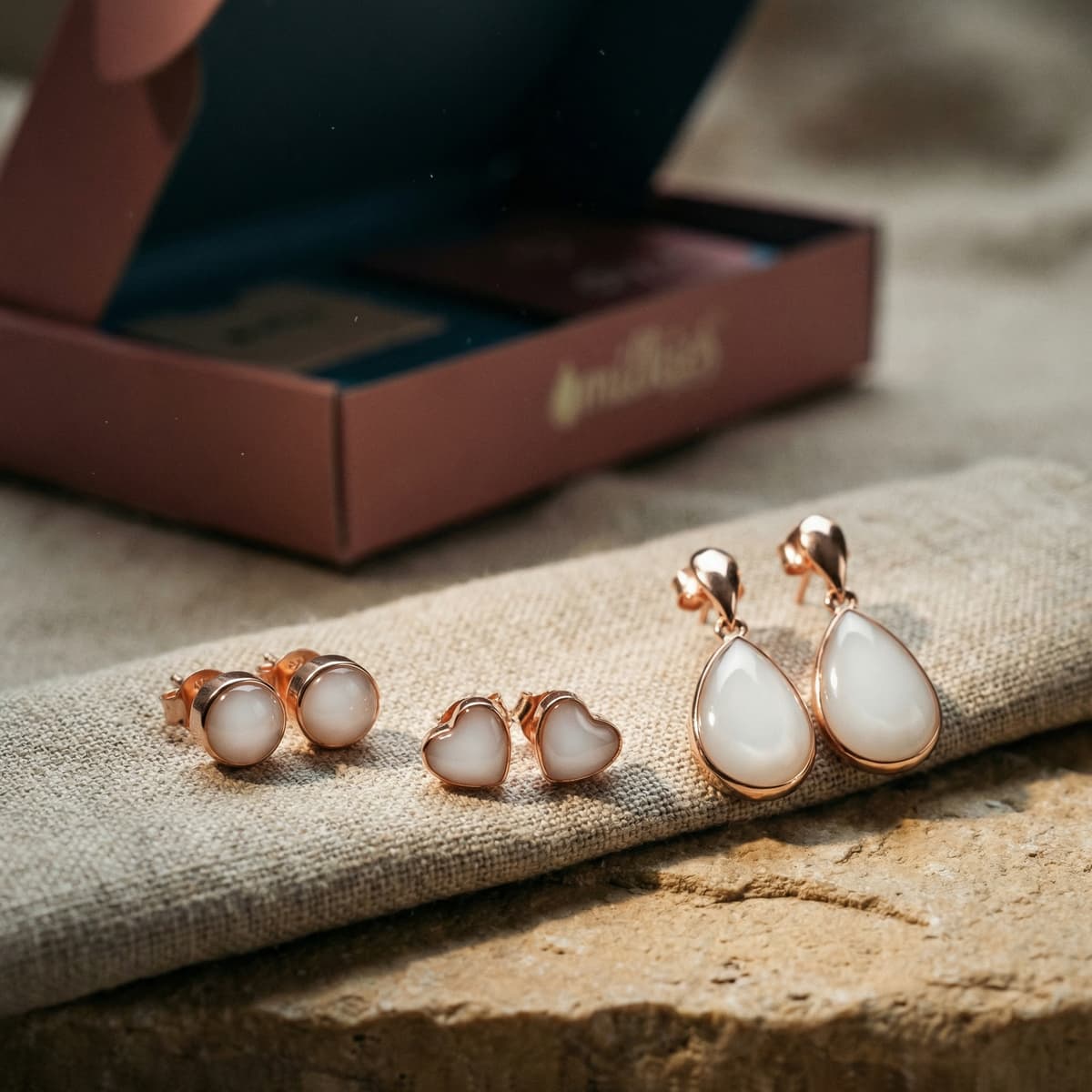 Rose-gold keepsake earrings with milky white resin stones (studs and teardrop drops) displayed on linen beside an open DIY by MILKIES box, highlighting an at-home breastmilk earring making kit for creating handmade breastmilk jewelry.