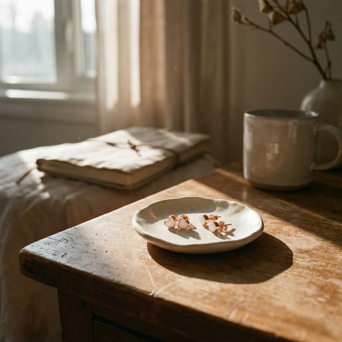 Rose gold heart-shaped earrings preserving breastmilk in clear resin, displayed on a small ceramic plate on a rustic wooden table in soft morning window light