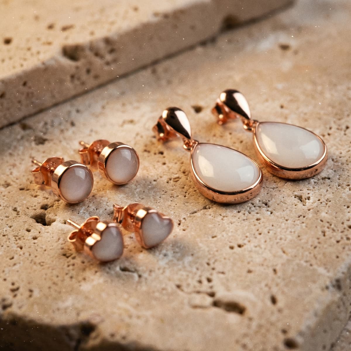 Rose gold keepsake jewelry set with teardrop and stud earrings featuring milky white resin stones, ideal for a breastmilk earrings diy kit