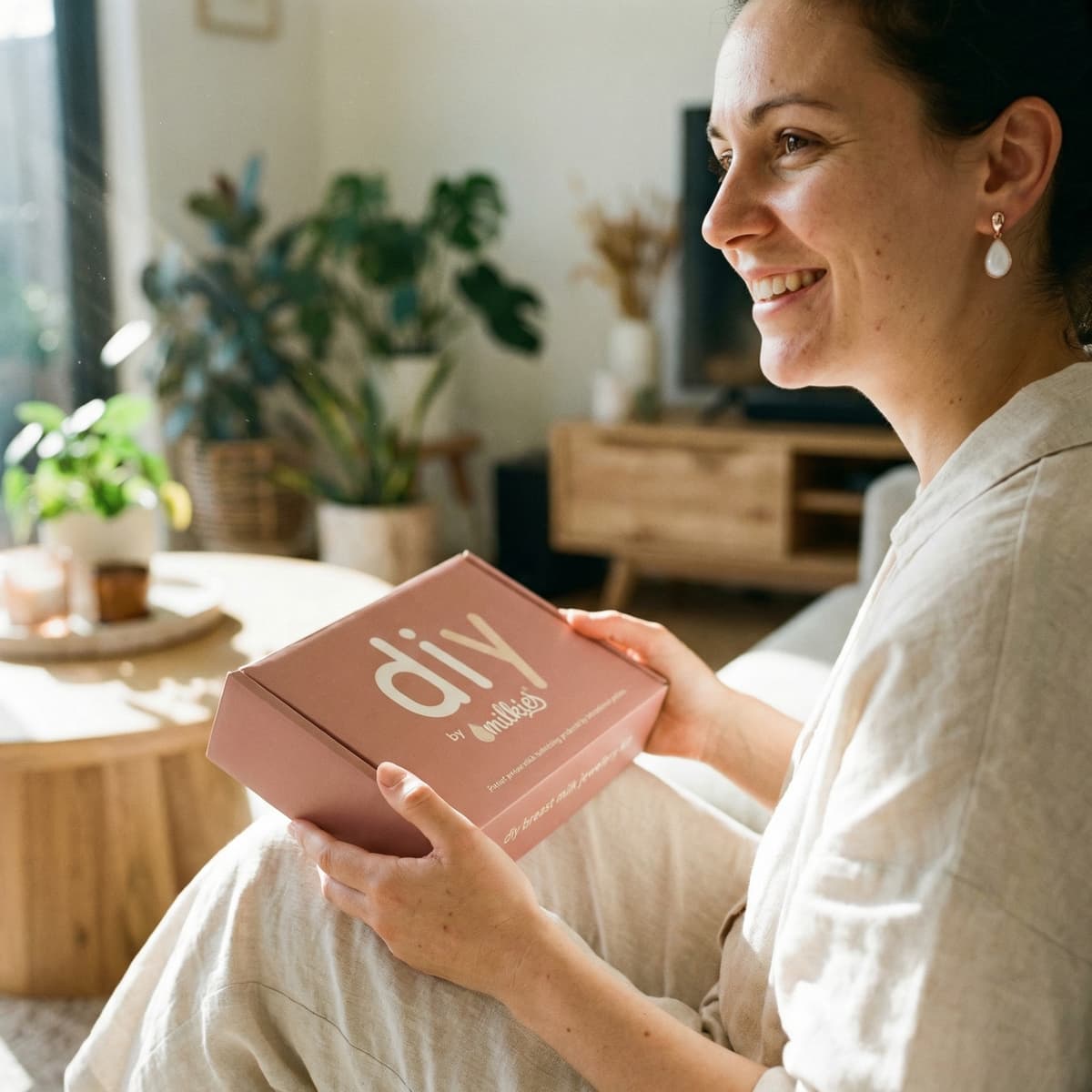 Smiling mother at home holding a DIY by MILKIES box, highlighting why a breastmilk earrings diy kit is an easy, private way to create a meaningful keepsake.