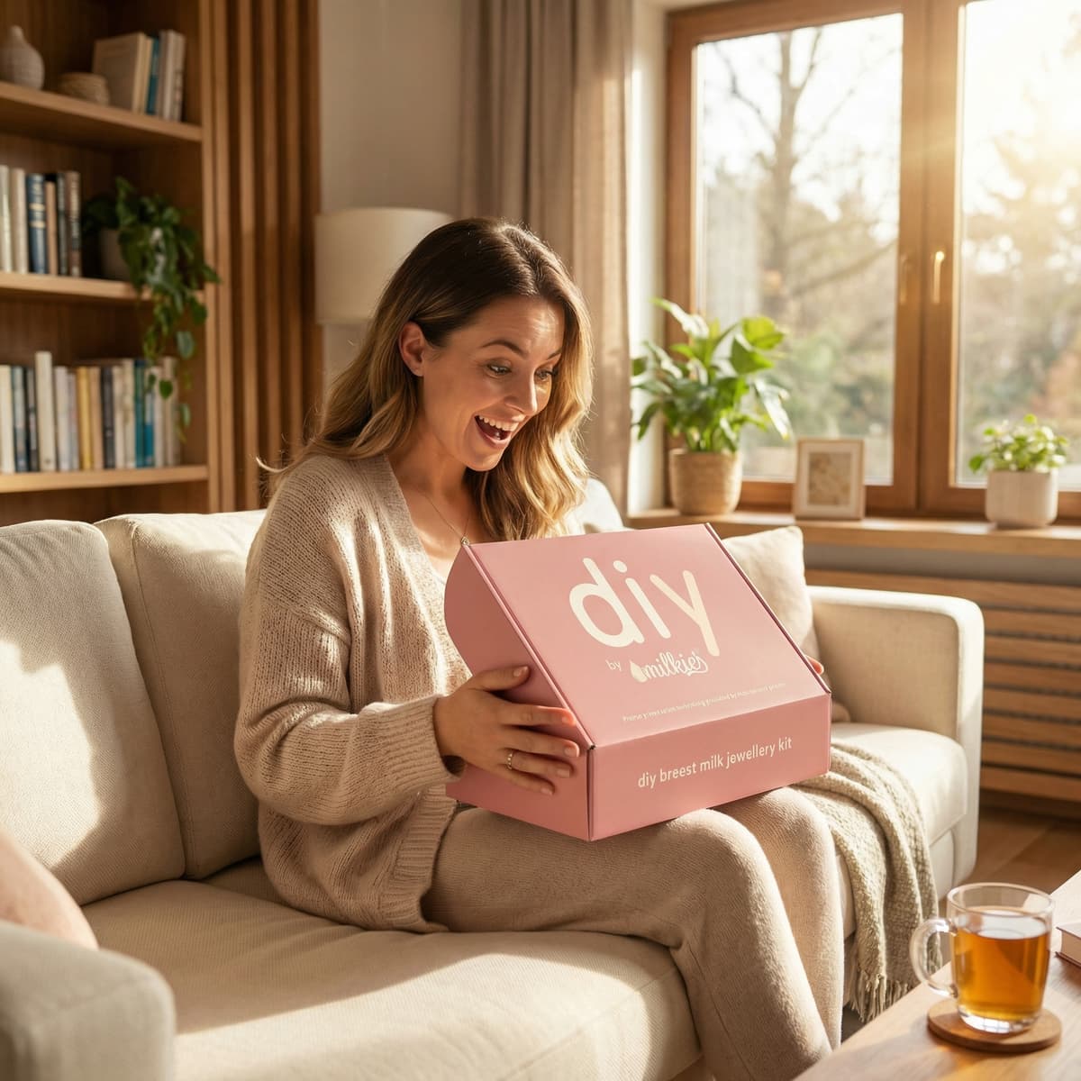 A happy mom unboxing a pink DIY by MILKIES breastmilk earrings kit on a cozy sofa, showing an easy, private at-home way to create a meaningful breastmilk keepsake jewelry memento.
