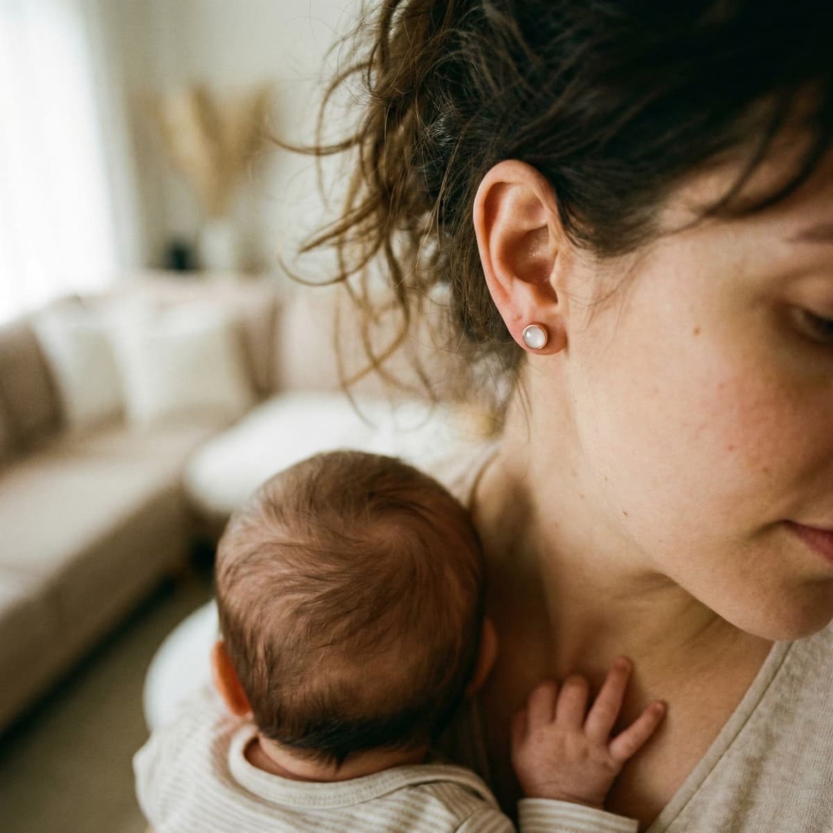 Mother holding her baby at home while wearing pearl-like stud keepsake earrings made with a breastmilk earrings kit