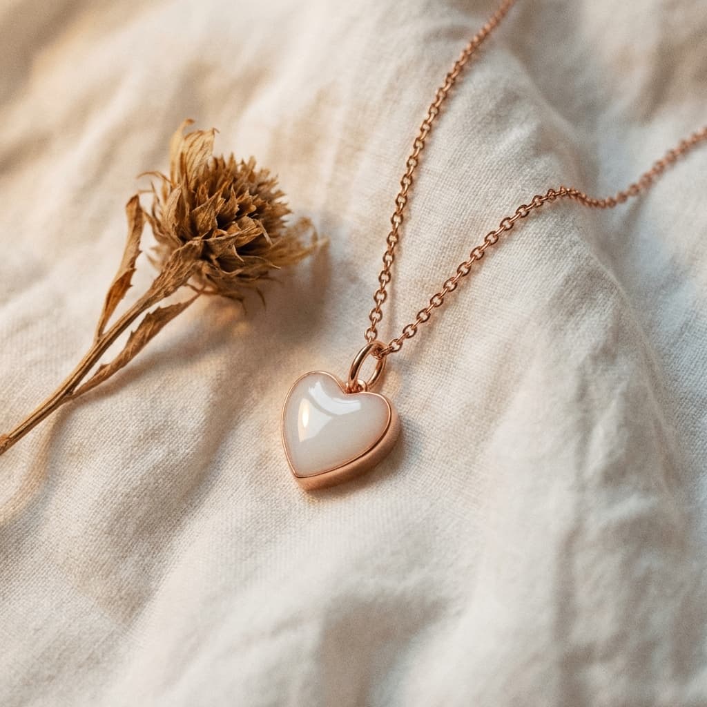 Rose gold heart pendant breastmilk jewellery necklace featuring a milky-white resin keepsake charm on a delicate chain, styled on soft linen fabric beside a dried flower.