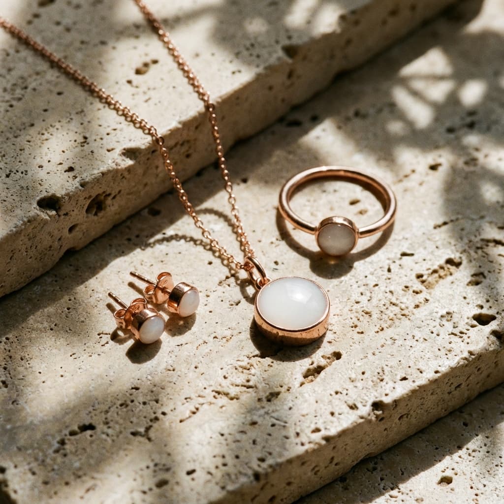 Rose-gold breastmilk jewellery set with milky-white resin pendant necklace, matching stud earrings, and ring arranged on textured stone in soft natural light.