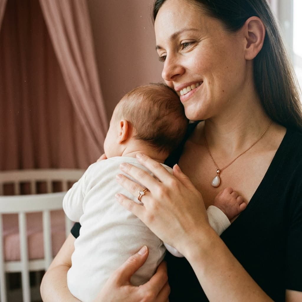 Mother cuddling her baby in a nursery while wearing a teardrop pendant, showing why an at-home kit is a meaningful, private way to create breastmilk jewellery keepsakes at home.