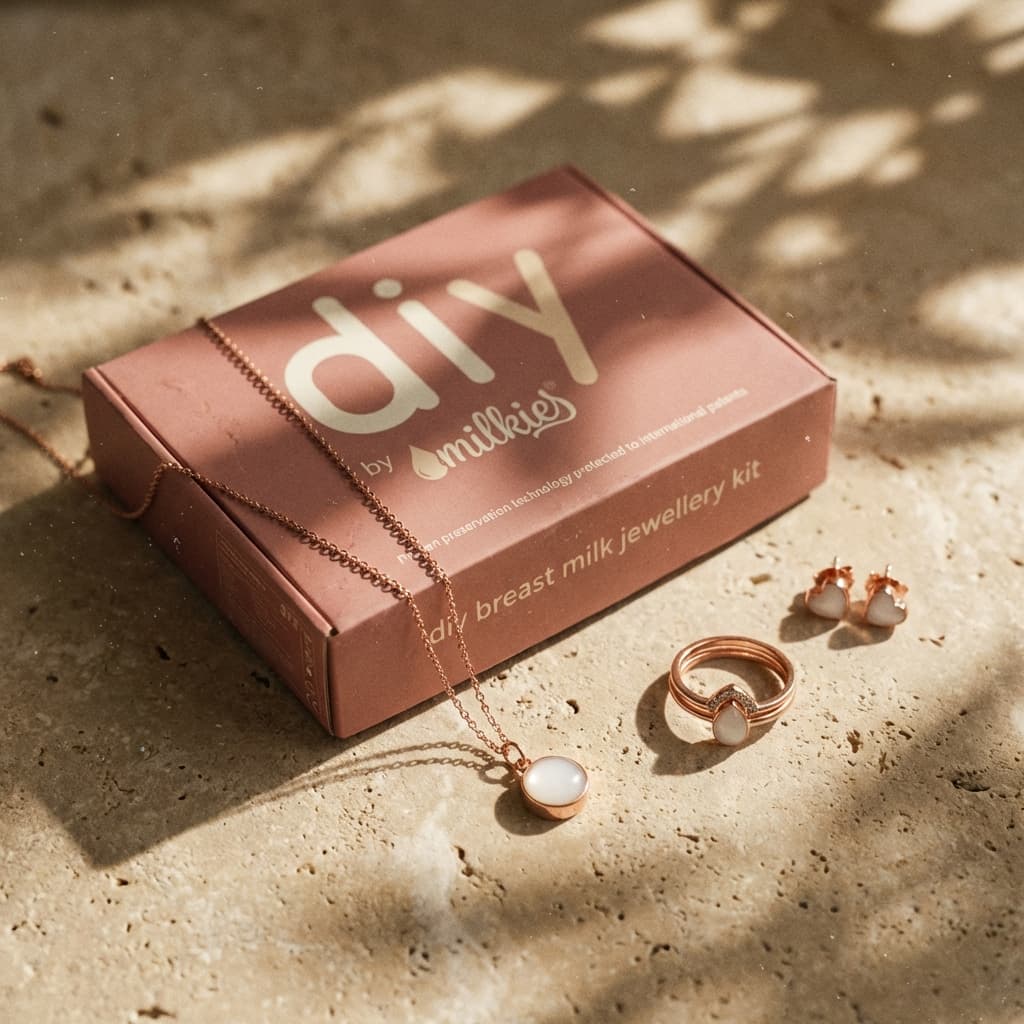 Sunlit DIY by Milkies box set with breastmilk jewellery diy kit materials, featuring rose-gold pendant necklace, matching ring, and stud earrings with milky-white resin stones on a stone surface
