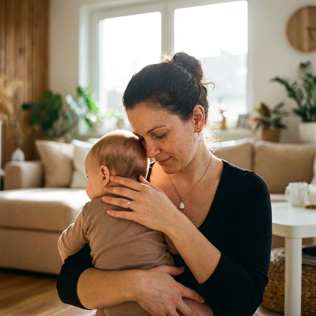 Mother cuddling her baby at home while wearing a milk-drop necklace, showing the heartfelt “why” behind choosing a breastmilk jewellery diy kit to create a private, personal keepsake