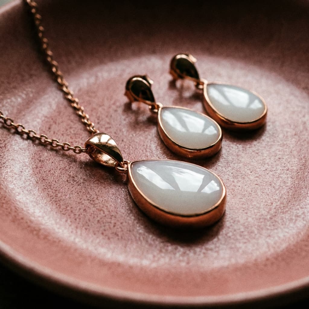 Rose gold necklace and matching teardrop earrings made with a breastmilk jewellery kit, featuring smooth milky-white resin stones displayed on a pink ceramic dish.