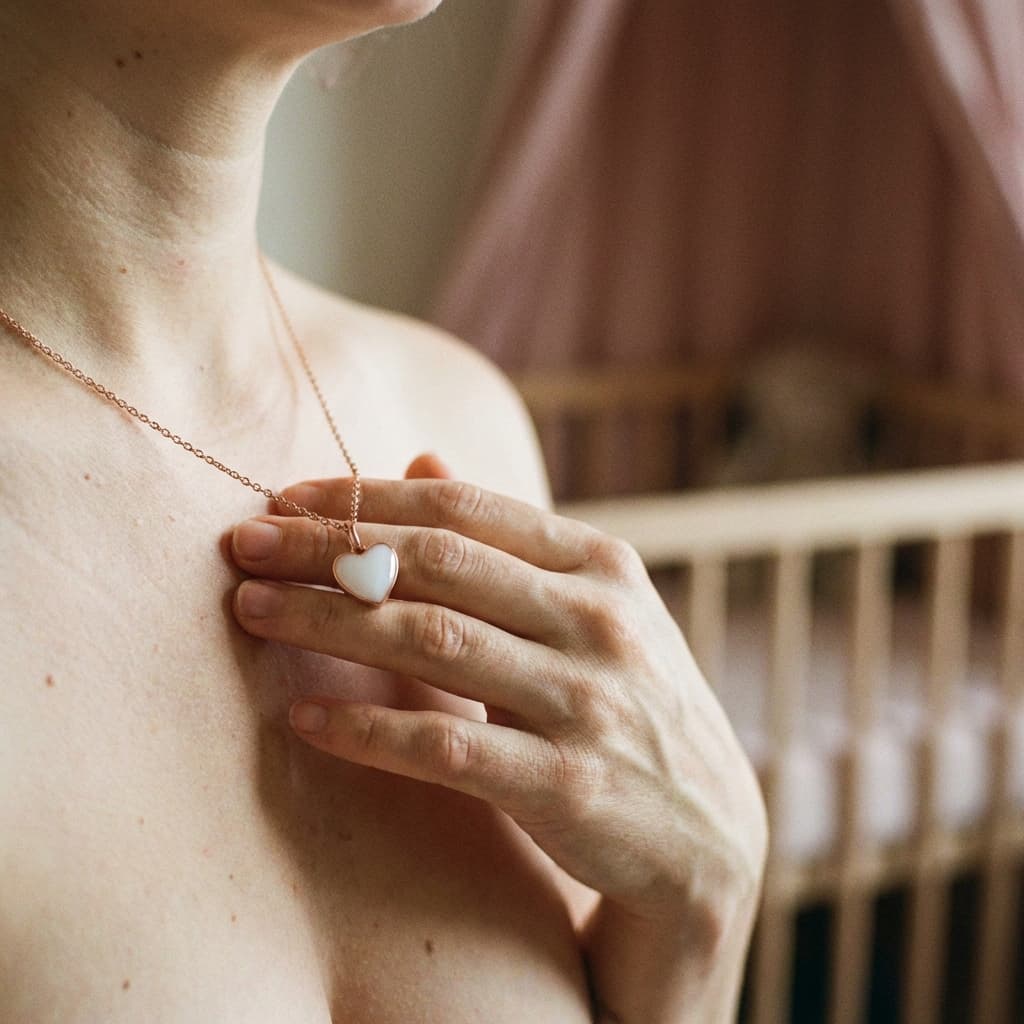 Woman holding a heart-shaped keepsake necklace on her chest, showcasing a resin pendant made with a breastmilk jewellery kit in a soft, intimate home setting.
