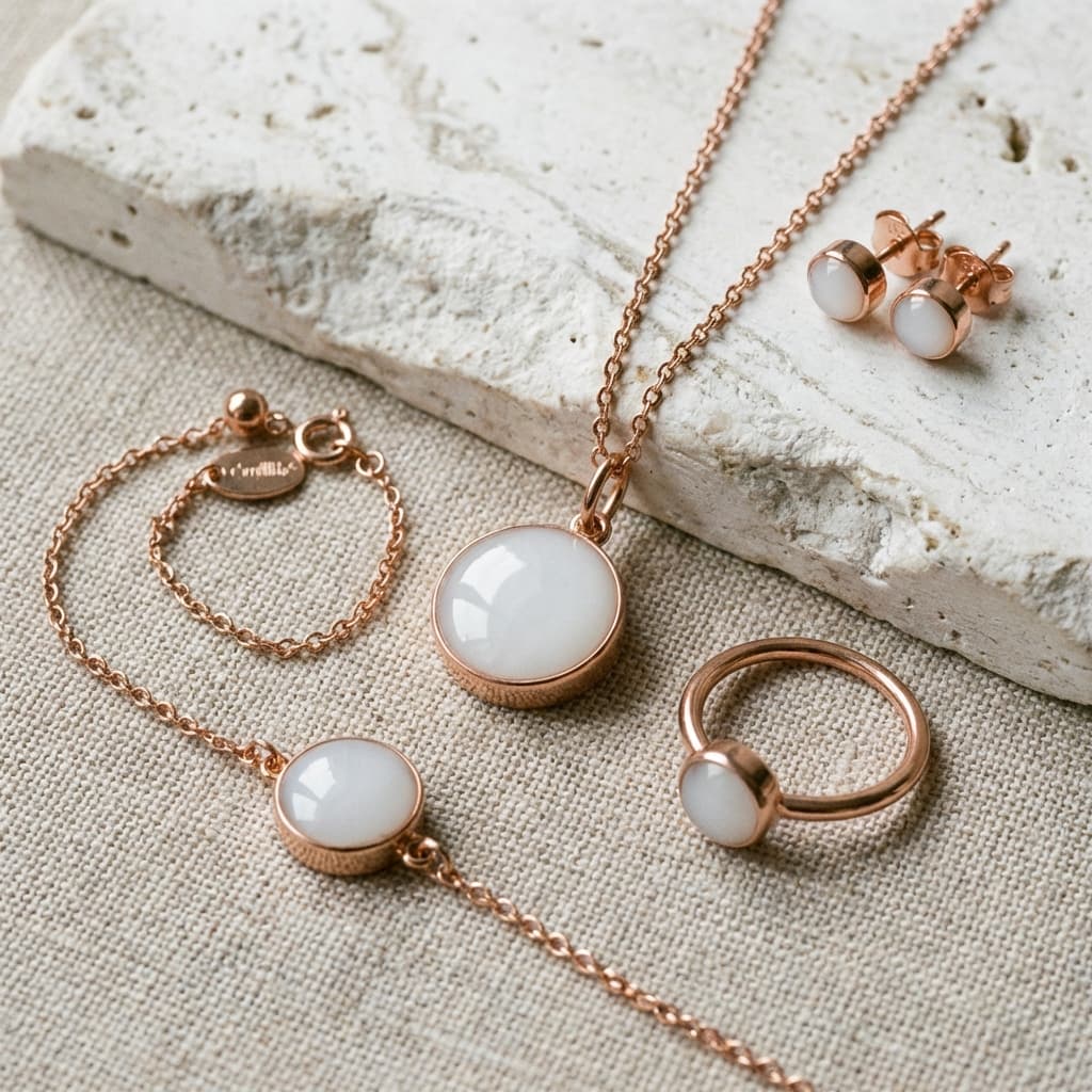 Rose gold keepsake set made with a breastmilk jewellery kit, featuring a milky white resin necklace pendant, bracelet charm, ring and matching stud earrings on a neutral linen background.