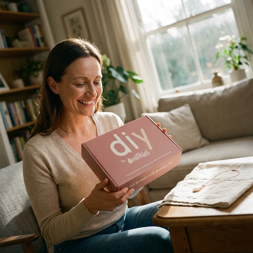 Smiling woman at home holding a DIY by MILKIES breastmilk jewellery kit box, highlighting an easy at-home way to create a private, personal keepsake.